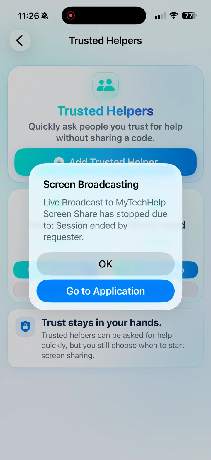 Broadcast stopped alert