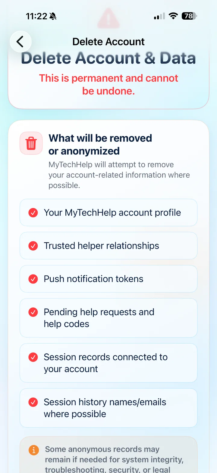 Delete Account screen