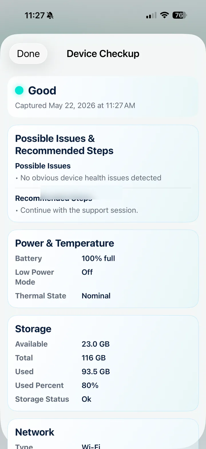 Device Checkup summary
