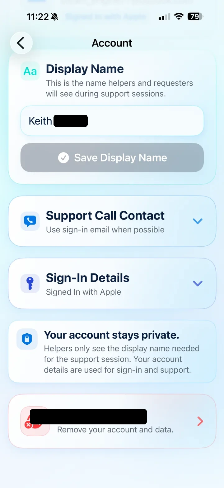 Display Name screen