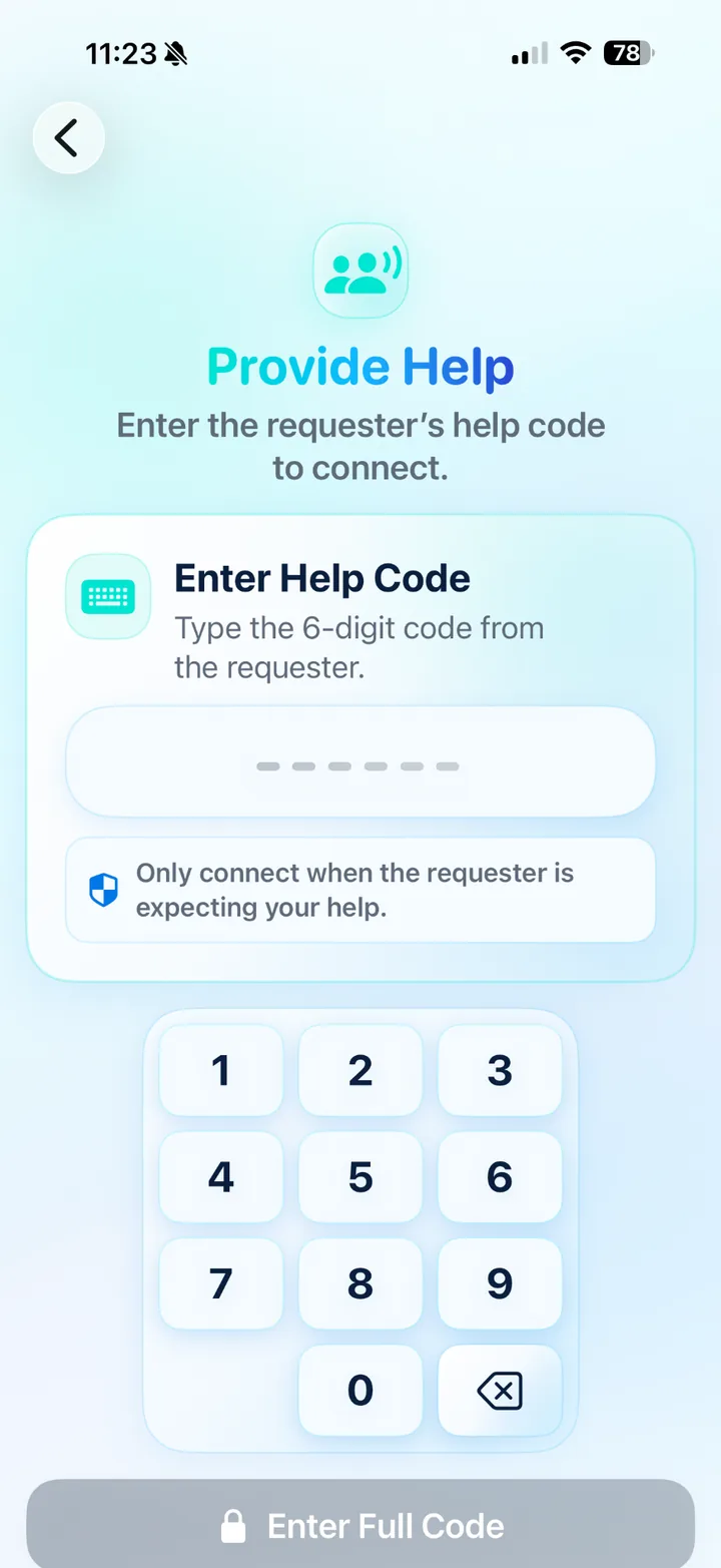 Enter Help Code screen