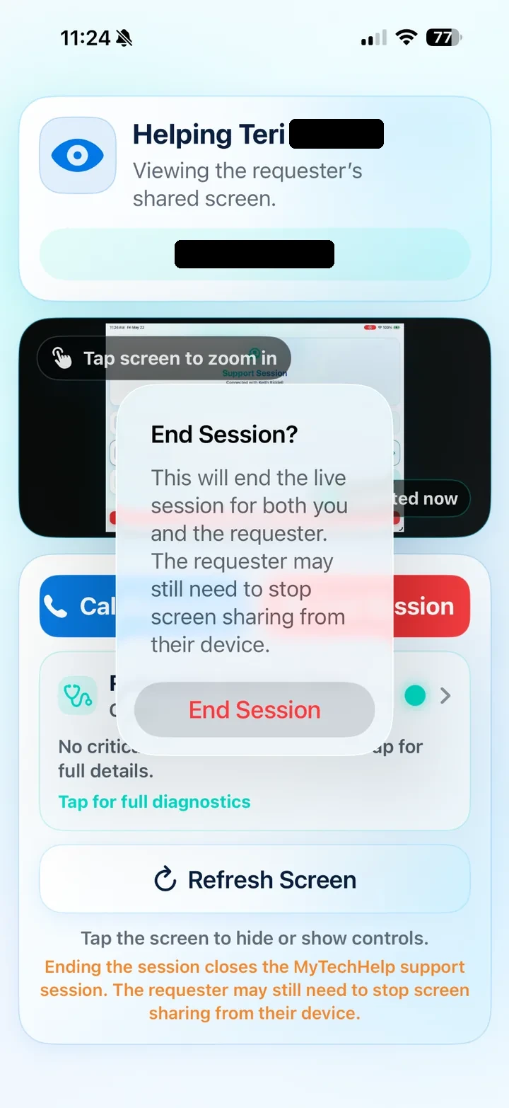 Helper end session confirmation