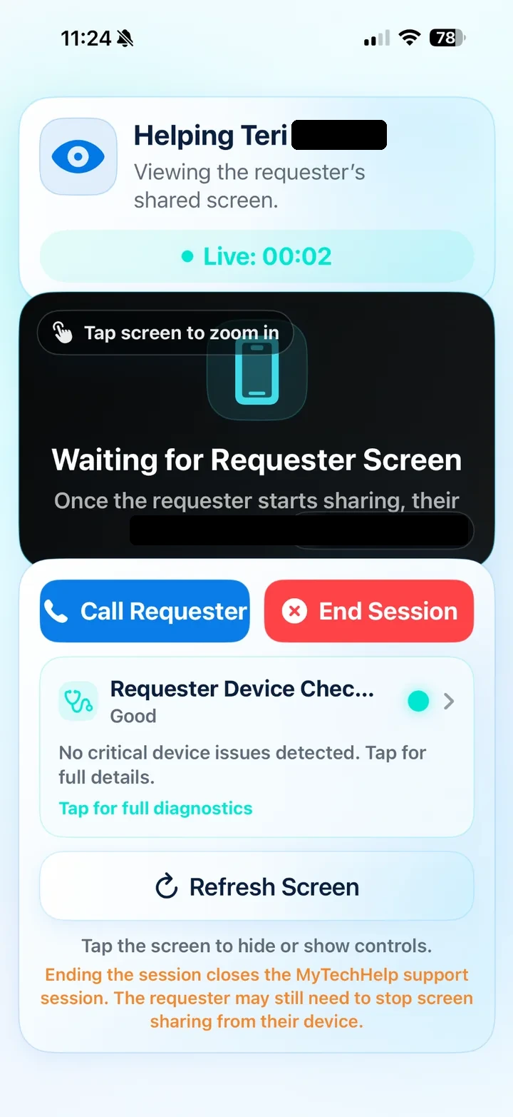 Helper waiting for requester screen