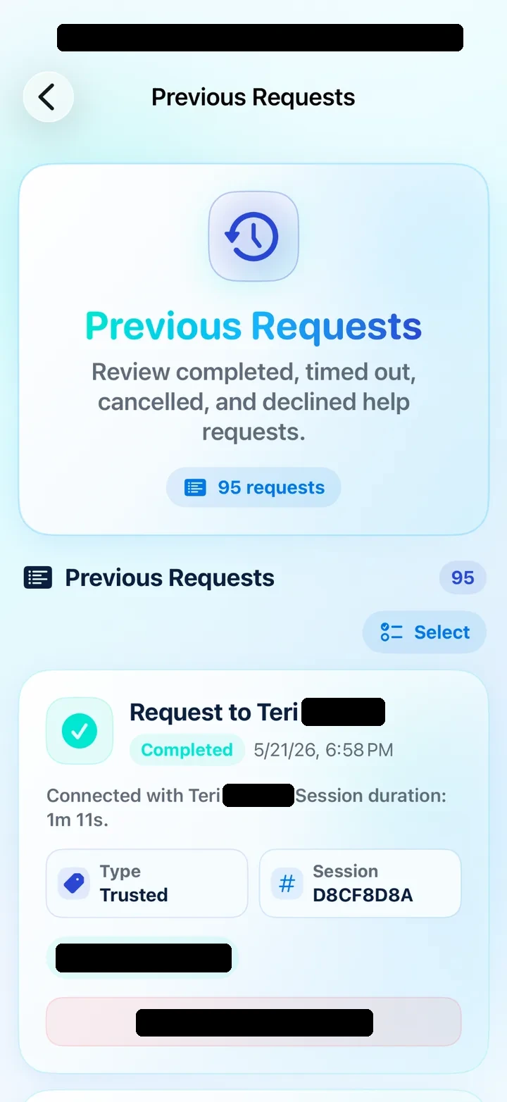 Previous Requests screen