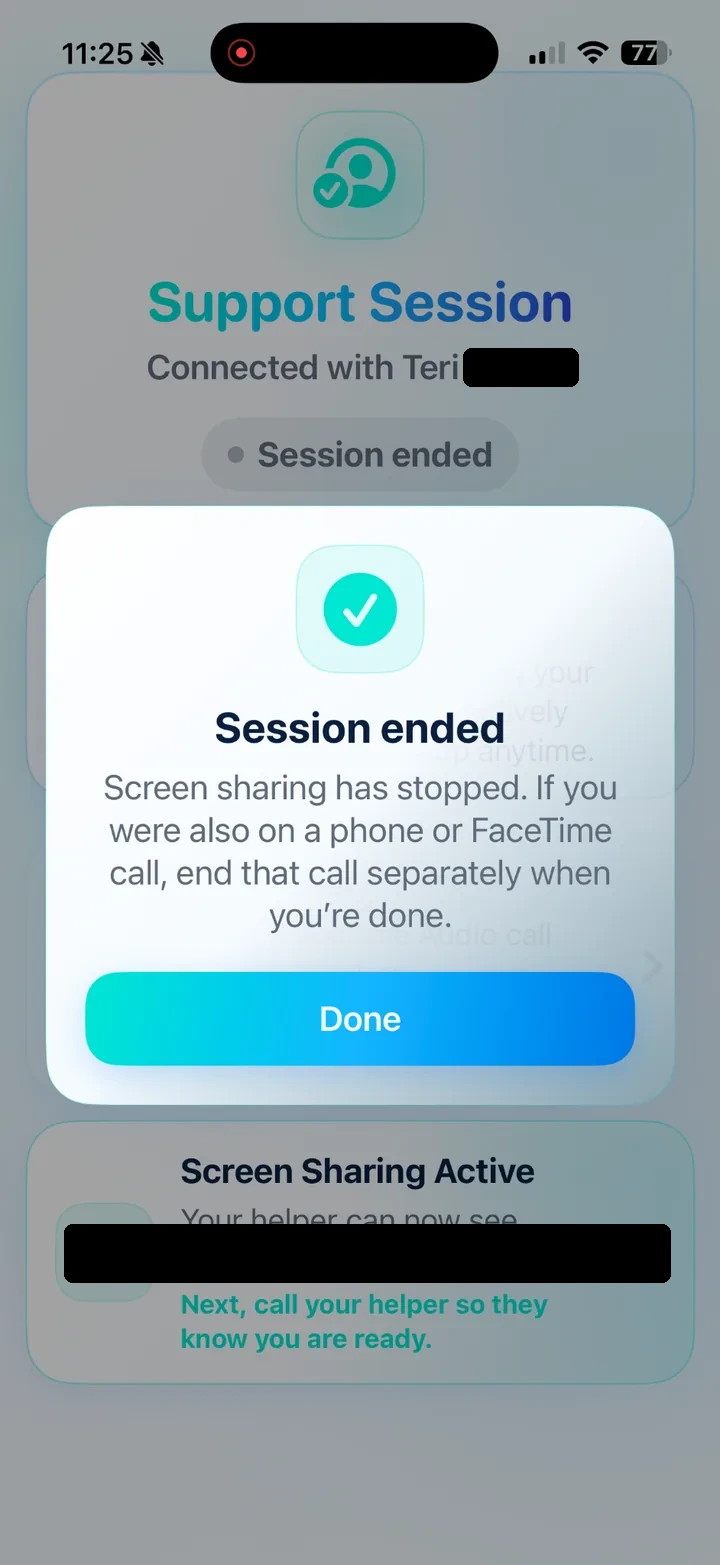 Session ended dialog