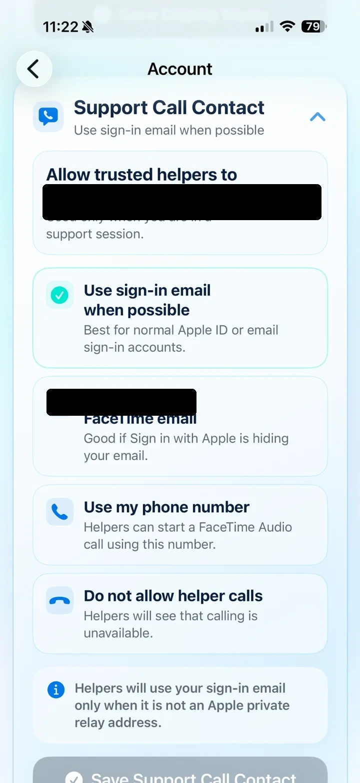 Support Call Contact options