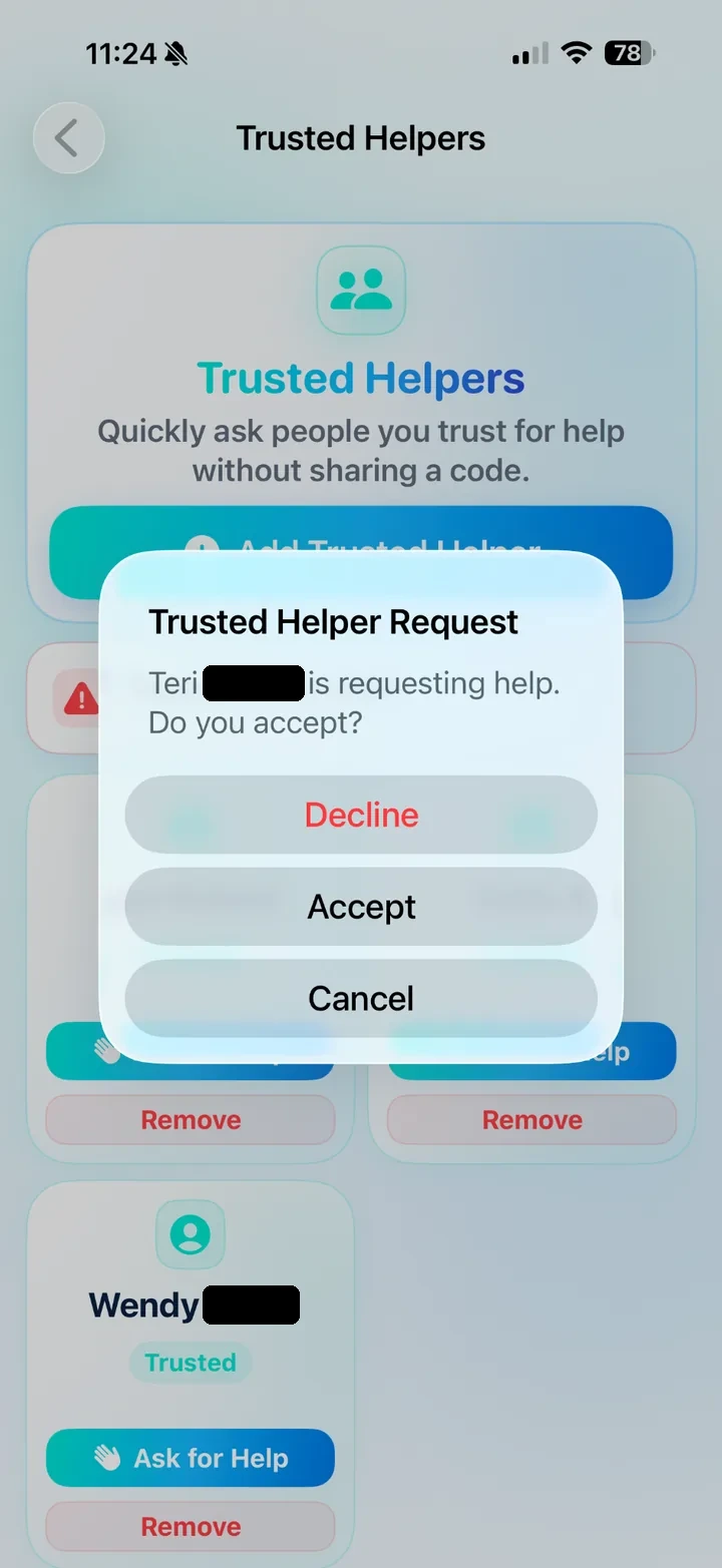 Trusted helper request dialog